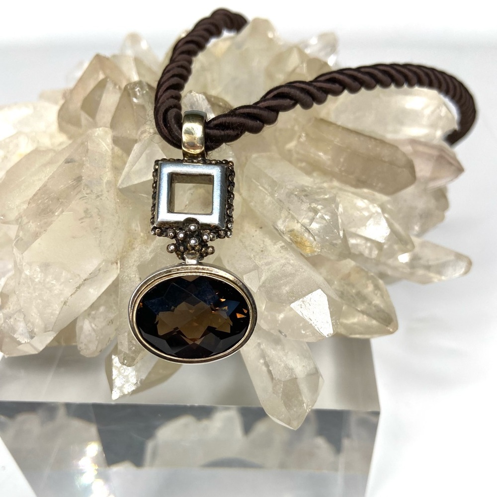 MICHAEL DAWKINS Smoky Quartz 14K Gold Sterling Pendant with Cord Necklace